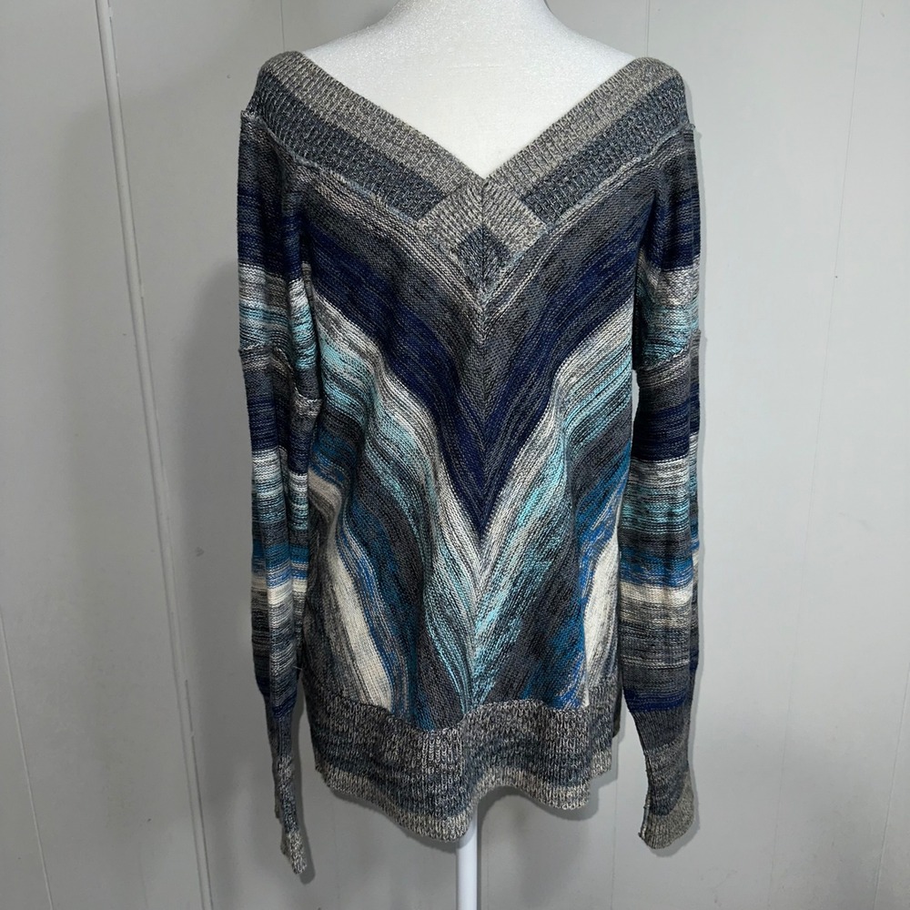 Free People Gray and Blue Stripe V Neck Off Shoulder Sweater‎ Knit Size S - Picture 3 of 9